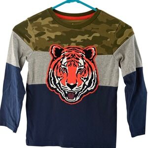 365 Kids Tiger Graphic Long Sleeve Tee Kids Size 7 Camo Navy Grey